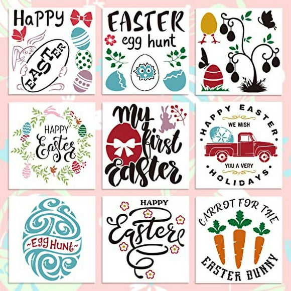 Crafty Lapin Œuf Carotte Patch Pochoirs - 9 Pcs Modèles en Plastique Réutilisables pour Peinture sur Roche, Projets d'Art Mural en Bois - 8x8 Pouces Modèles de Dessin
