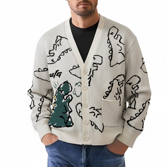 IWRICH Mens Dinosaur Sweater Chunky Oversized Knitted Cartoon Button down Sweater Cardigan White XL