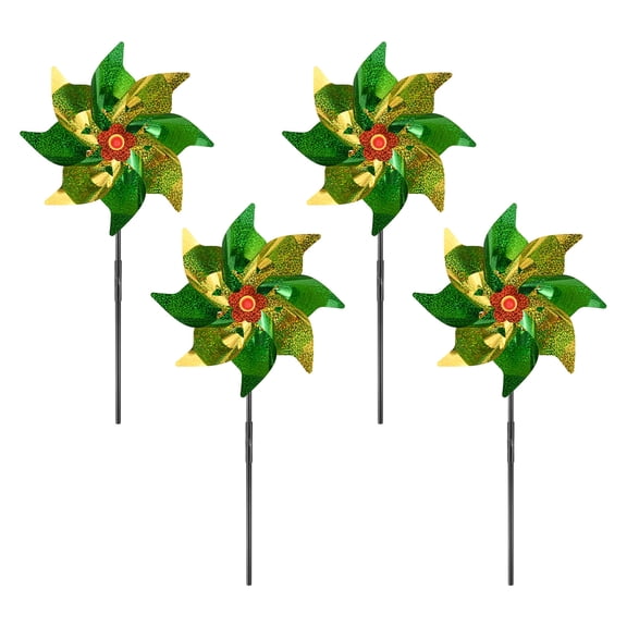Uxcell 4-Pack Flower Wind Spinner Sparkly Lawn Pinwheels, 20 Inch Plastic Reflective Pinwheels for Party Decorations [Yellow, Green]