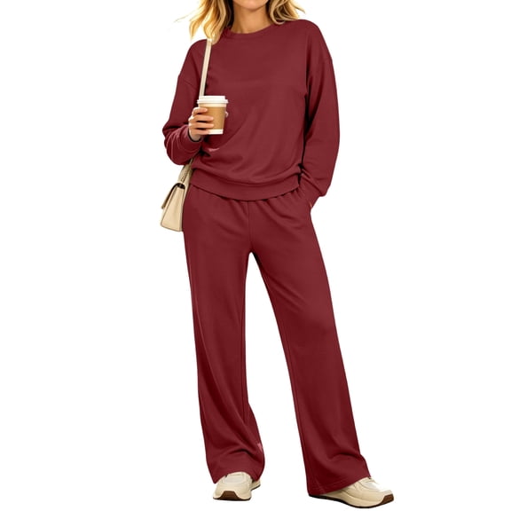 Women's 2 Piece Lounge Set Crewneck Sweatshirt and Wide Leg Pants Relaxed Casual Fall Fleece Matching Outfit Set