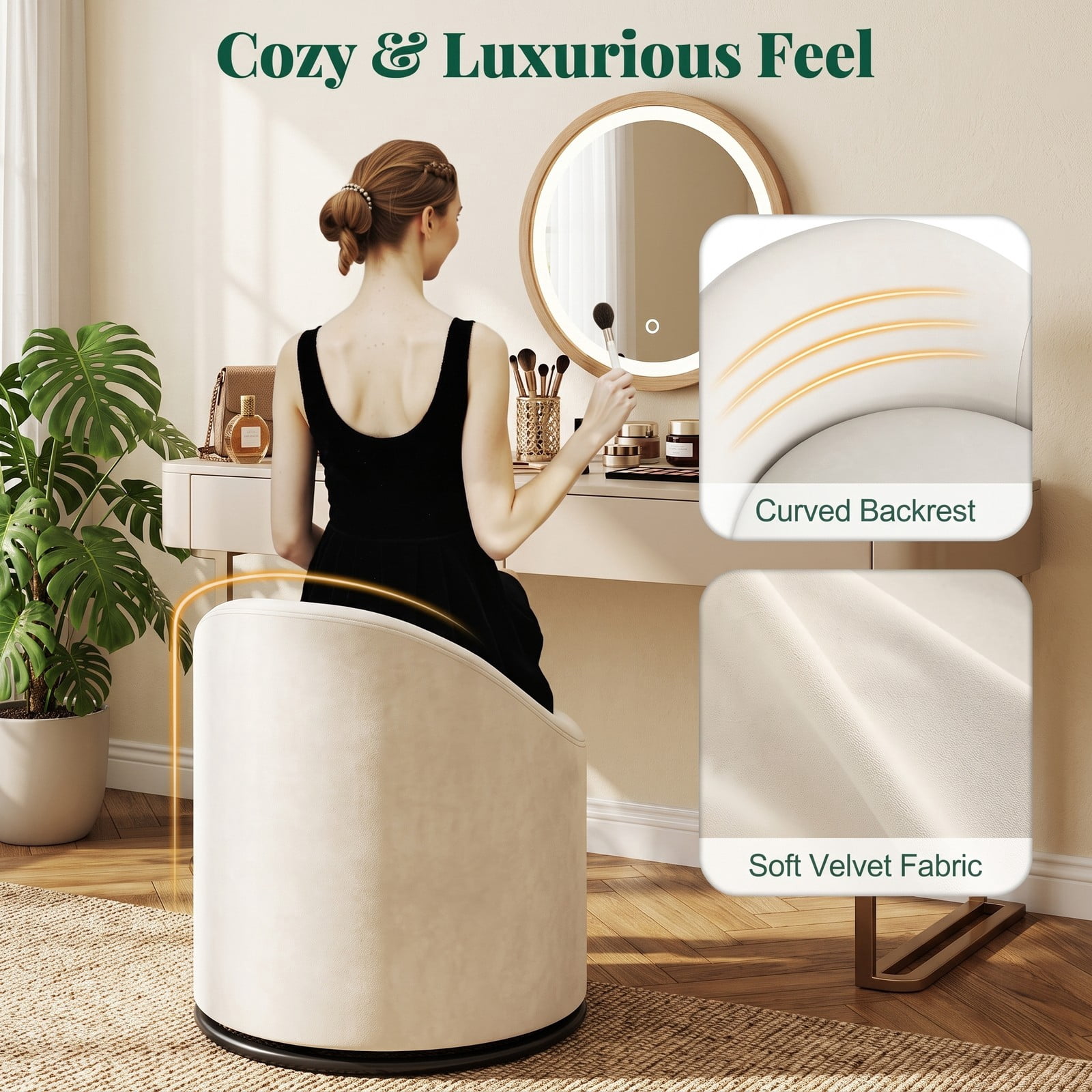 Furnibear Barrel Accent Chair with Hidden Storage, 360 Degree Swivel Upholstered Velvet Vanity Chair, Curved Back, Sturdy Metal Base, No Assembly Needed, for, Beige