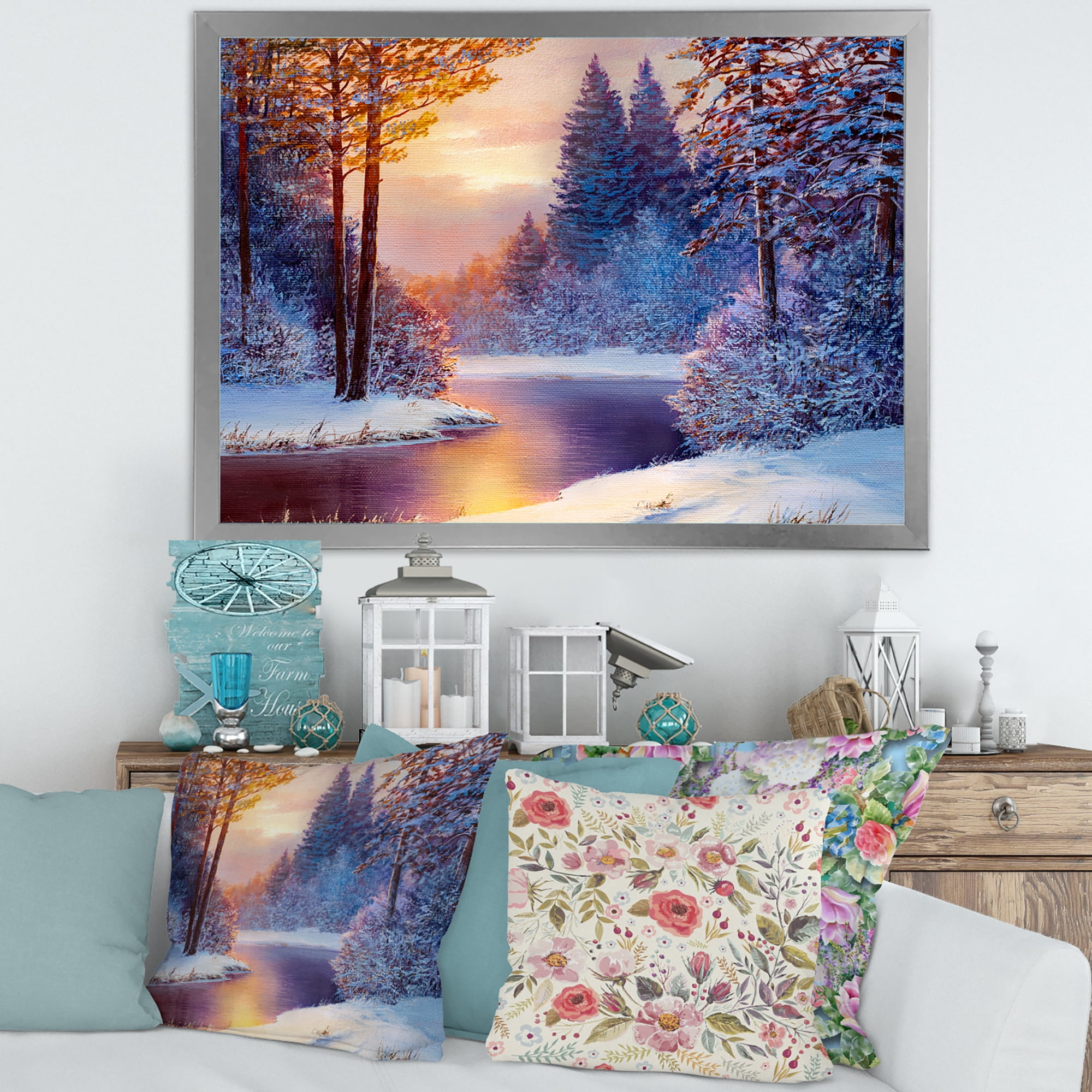 Designart 'Dark Blue Silhouettes of Trees With Winding River' Lake House Framed Art Print
