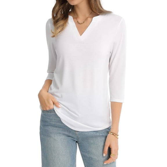 QUALFORT Women's 3/4 Sleeve Tops Notch V-Neck Tunic Top Curved Hem, Relaxed Fit, Hip Coverage, Work Casual Blouse, Spring Summer T Shirt