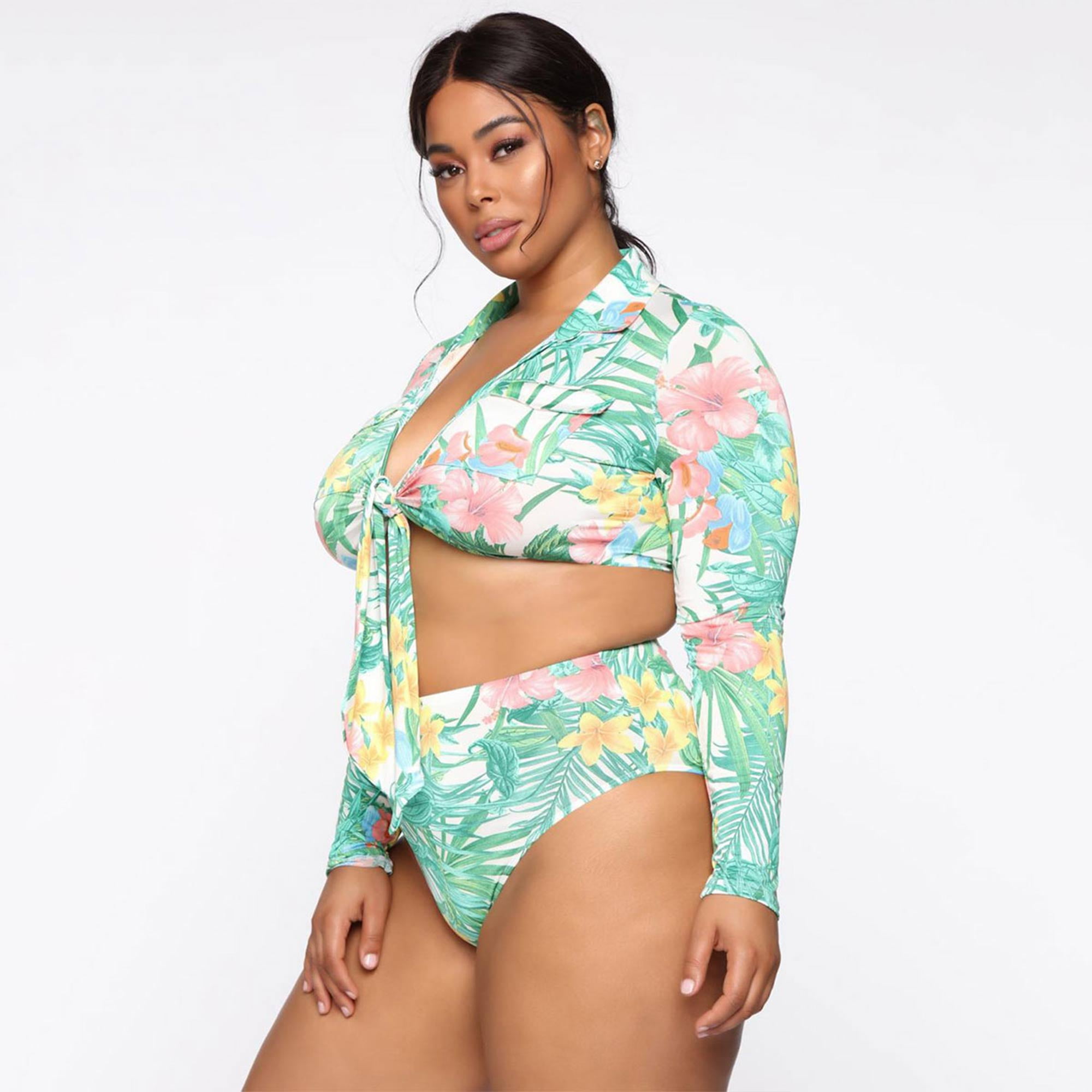 Women's Retro Floral High Waisted Shirred Bikini Set Tie Front