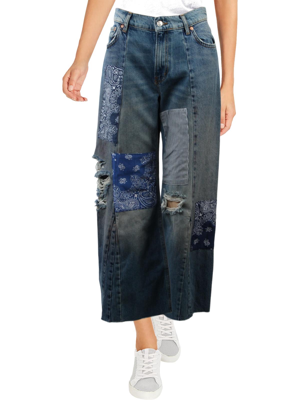 Womens Denim Destroyed Wide Leg Jeans 