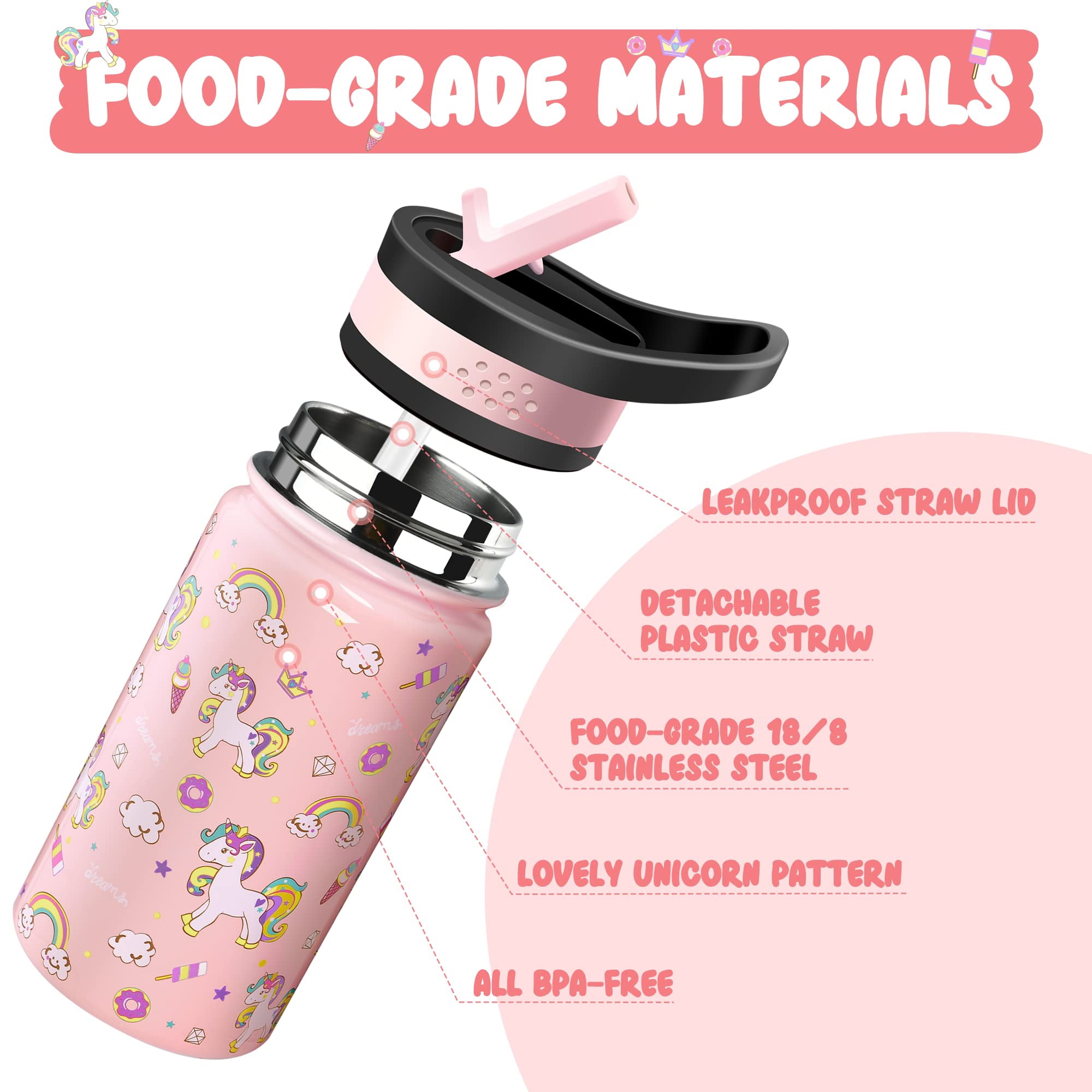 LOCHAS Kids Vacuum Stainless Steel Water Bottle for Toddlers Girls Boys  Outdoor Cup,Insulated Water Bottle with Straw 2 Lids,14oz,Rainbow Print 