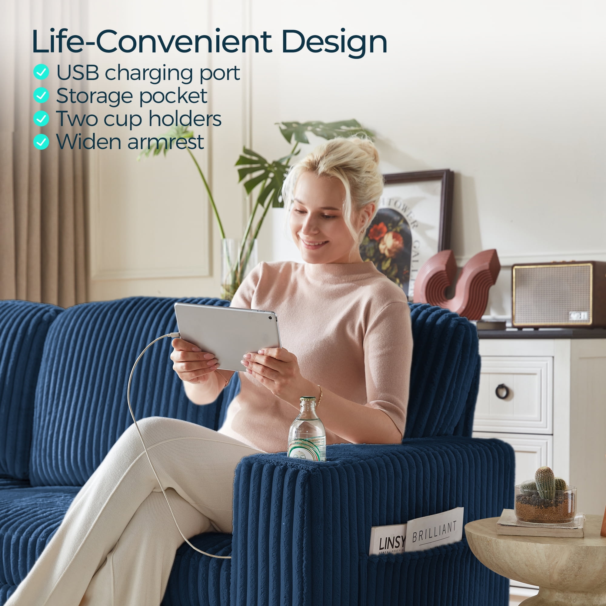 LINSY HOME L Shaped Sectional Couches for Living Room, Sleeper Sofa Bed with Reversible Storage Chaise, Pull Out Couch Bed with USB, Cup Holder, Dark Blue