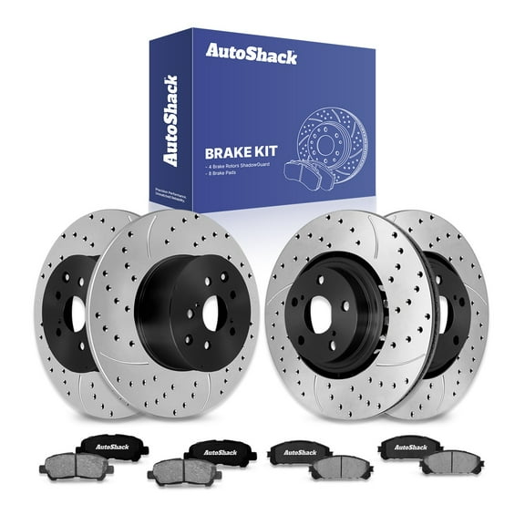 AutoShack Front Vented & Rear Solid Drilled & Slotted E-Coated Brake Rotors   Ceramic Pads 12-PC Brake Kit Replacement for 2014 Toyota Highlander ShadowGuard
