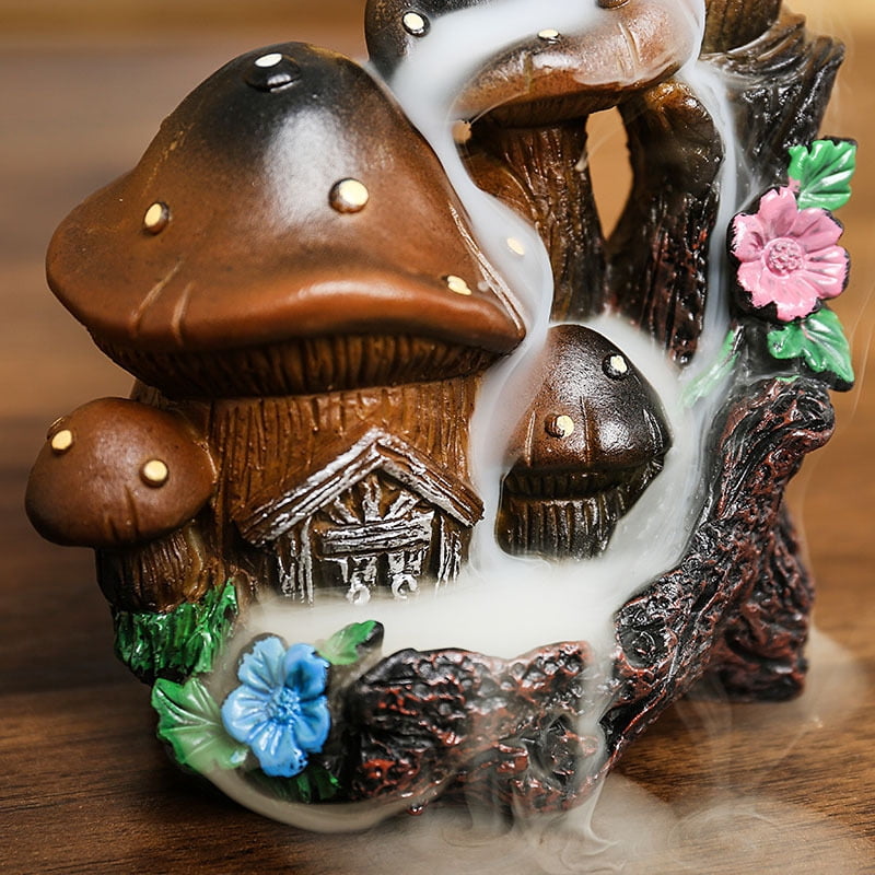 Mushroom House Backflow Censer Backflow Incense Burner Resin Mushroom House Incense Burner Mushroom Incense Holder Flowing Smoke Burner for Relax Desktop Ornament