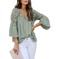 thumbnail image 4 of PENGXAING Ladies Lace top Long Sleeve Pure Color Deep V Pullover Chiffon Shirt, 4 of 6