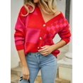 thumbnail image 4 of Womens Color Block Plaid Button Down Cardigan Long Sleeve Cable Knit Checkered Sweaters Tops Y2k Aesthetic Clothes Red M, 4 of 10