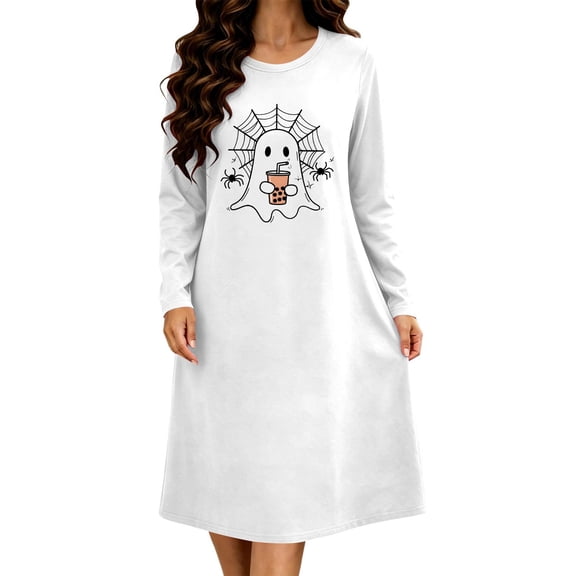 Taqqpue Womens Halloween Cotton Nightgown Long Sleeves Round Neck Sleepshirt Print Nightshirt Casual Plus Size Knee Length Sleep Dress Pullover Halloween Pumpkin Printed Sleep Shirt for Women