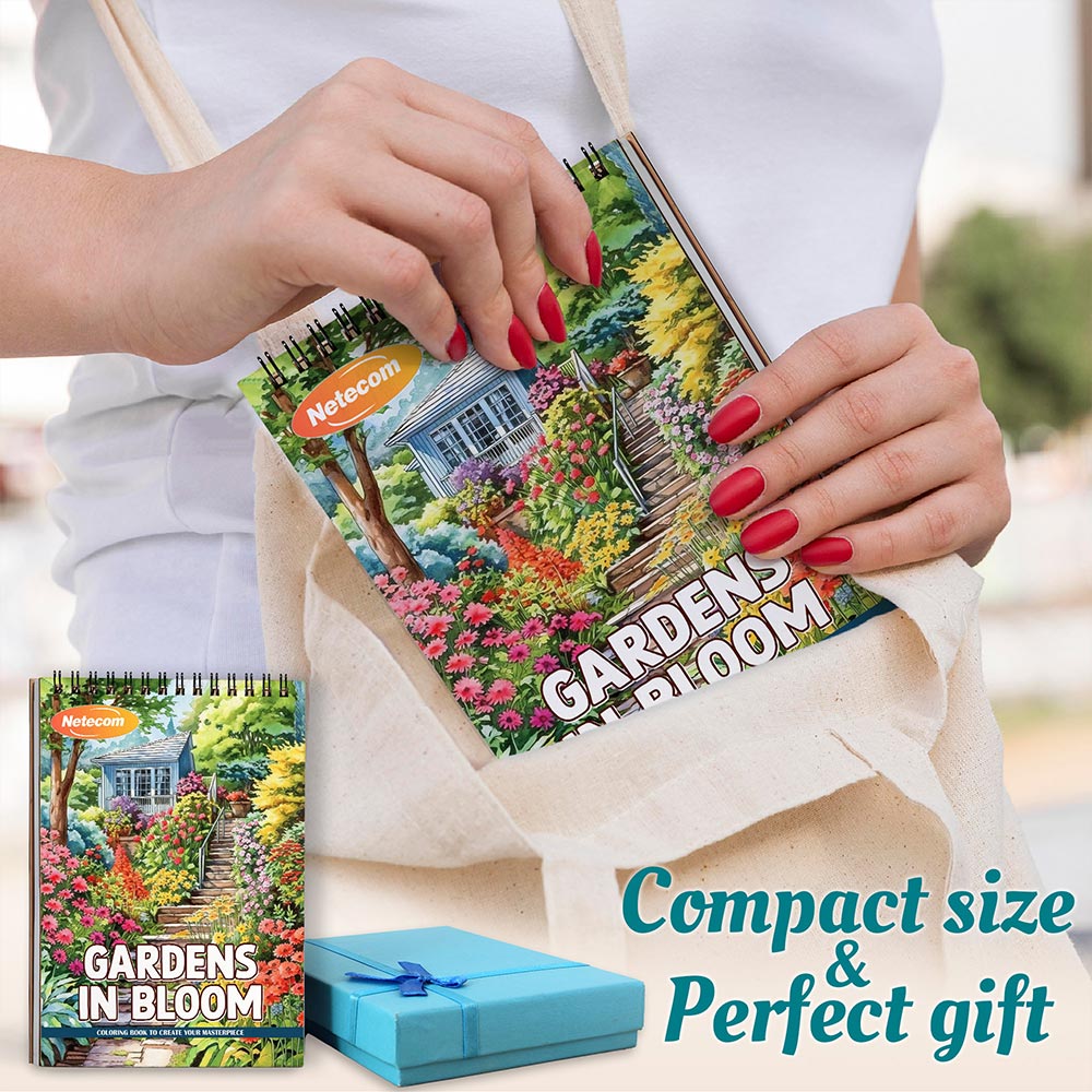 Gardens in Bloom Coloring Book Spiral Bound For Adults, A5 Wooden Cover, 30 Serene Coloring Pages of Blooming Flowers and Tranquil Landscapes for Stress Relief and Relaxation