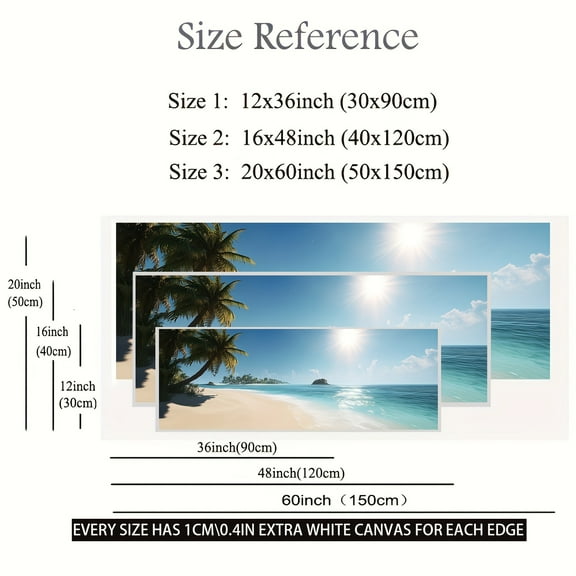 1 Piece Large Tropical Beach Canvas Art Print - Frameless Wall Decoration with White Sand, Blue Water, and Palm Trees for Home, Office, Living Room Decoration, Frameless Canvas Painting