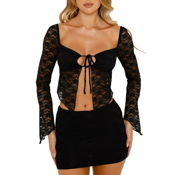 Vestido Traje de moda de 2 piezas con top y minifalda transparente de encaje para mujer Kuymtek Negro T M para Mujer