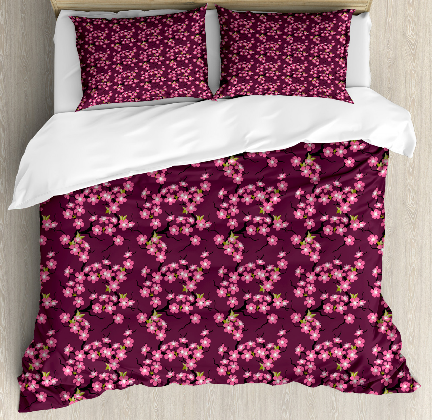 Cherry Blossom Queen Size Duvet Cover Set, April in Asia Seasonal Trees