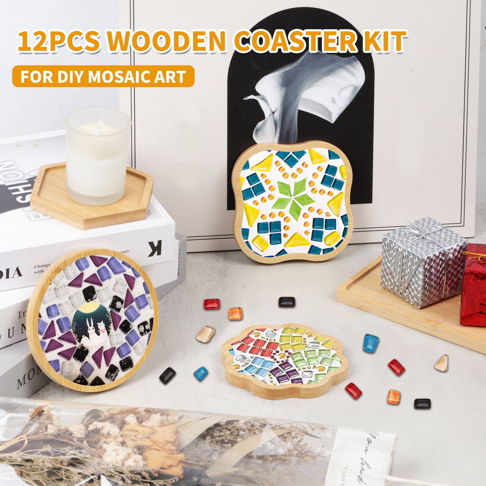 12 pcs Wooden Mosaic Bases, Assorted Shapes DIY Blank Base Trays Drinking Cup Coaster Wood Surface for Handmade Glass Tile Crafts & Mosaic Art Supplies