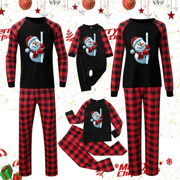 Odeerbi Christmas Pajamas for Family Holiday Plaid Long Sleeve Family Christmas Pajamas Matching Sets Infant Casual Print Loungewear Parent-child Set Two-Piece Sleepwear Xmas PJs Set Black