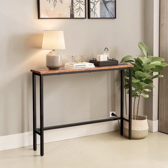 IVV 39.4" Narrow Console Table with Charging Station (2 AC Outlets & 2 USB Ports), Slim Metal Frame Sofa Table with Anti-Tip Device & Adjustable Feet, for Living Room Apartment, Rustic Brown