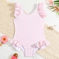 thumbnail image 3 of Rggeeun Teen Girls Swimsuit Striped Pattern Crew Neck Short Sleeve Top With Elastic Waist Bottoms For Summer Beach Relaxed Fit Swimsuit,Pink,5-6 Years, 3 of 9