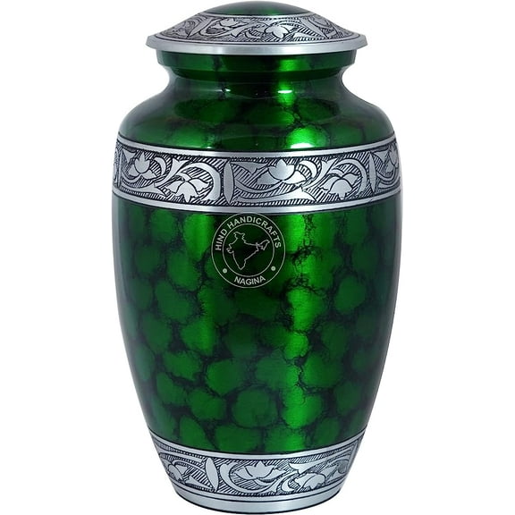 Floral Silver Engraved Cremation Urn for Human Ashes Adult Funeral Urn Handcrafted - Large Burial Urn for Human Ashes - 7.5" x 7.5" x 9.5"- 200lbs or 91kg - Bag Included (Cloud Green)