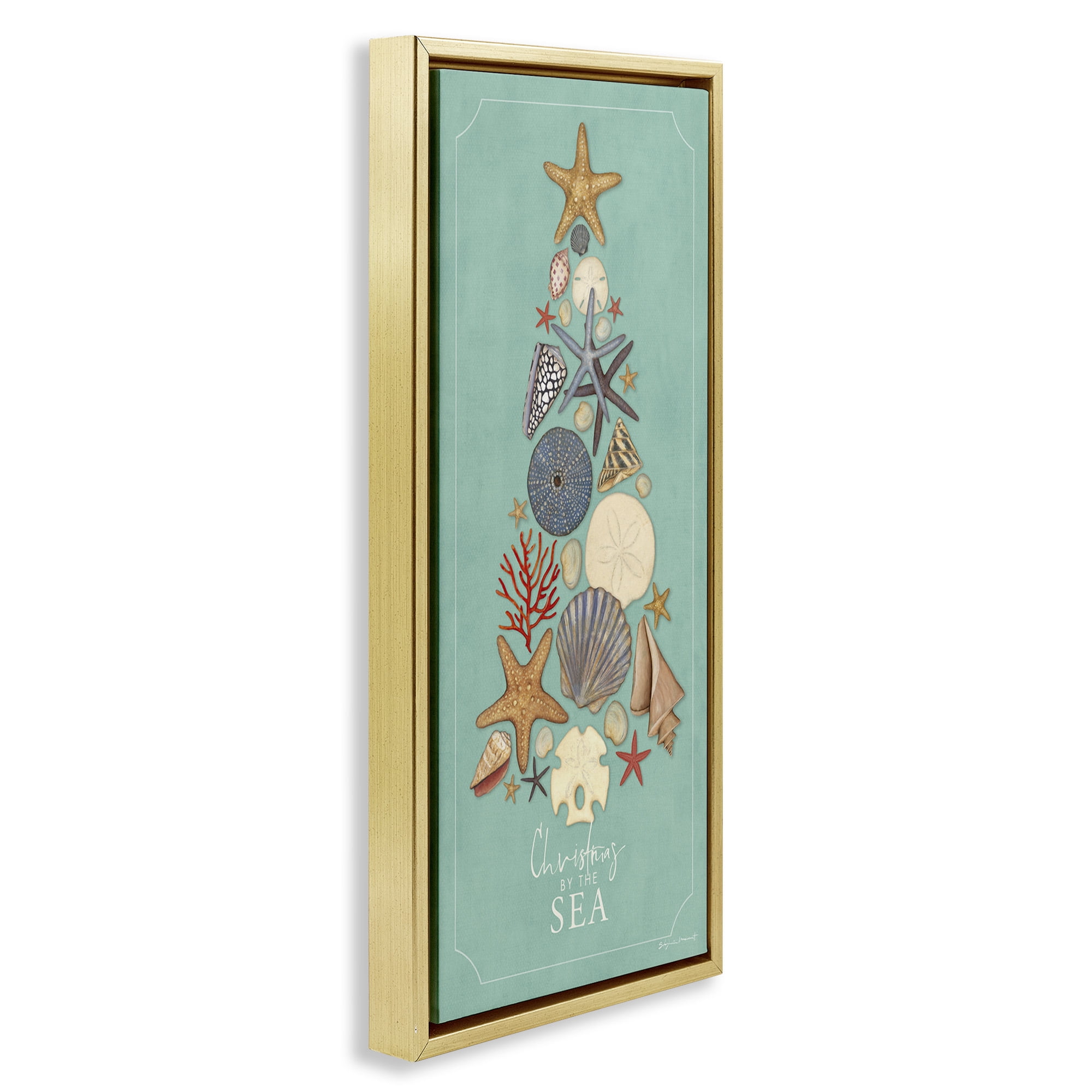 Stupell Industries Seashell Holiday Tree Holiday Painting Gold Floater Framed Canvas Art Print Wall Art, 11 x 25