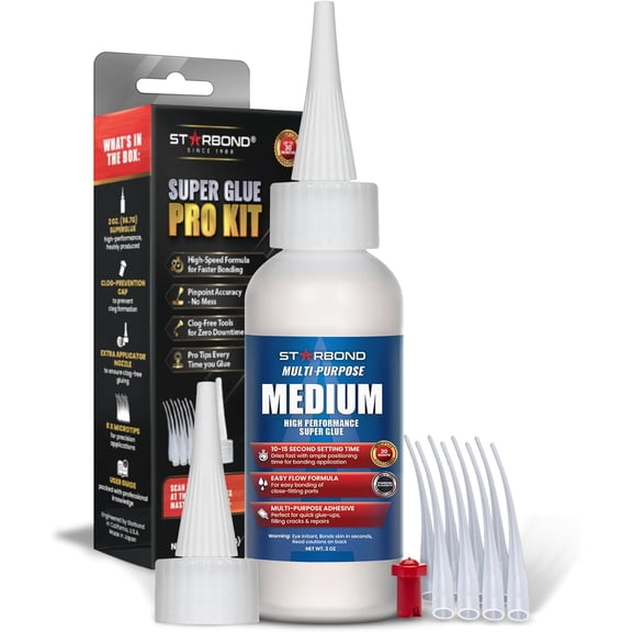 Starbond 2 oz. Medium Super Glue Pro Kit - Multi-Purpose Medium Cyanoacrylate (CA) Glue for Quick Glue-Ups, Woodworking, Models, Repairs, 3D Printing