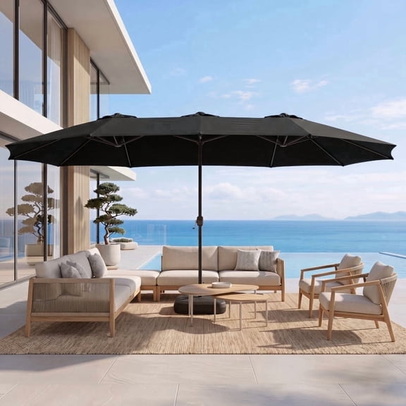 Meetleisure 15FT Large Patio Umbrella with Base Included, Outdoor Double Sided Rectangle Umbrella, Crank Handle, 12 Sturdy Ribs, for Deck Porch Pool, Black