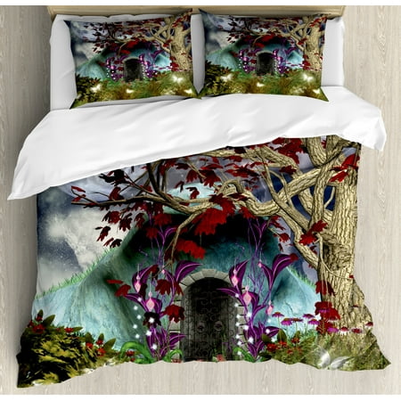 Living Room Duvet Cover Set Mystical Magical Tree Anime Moon