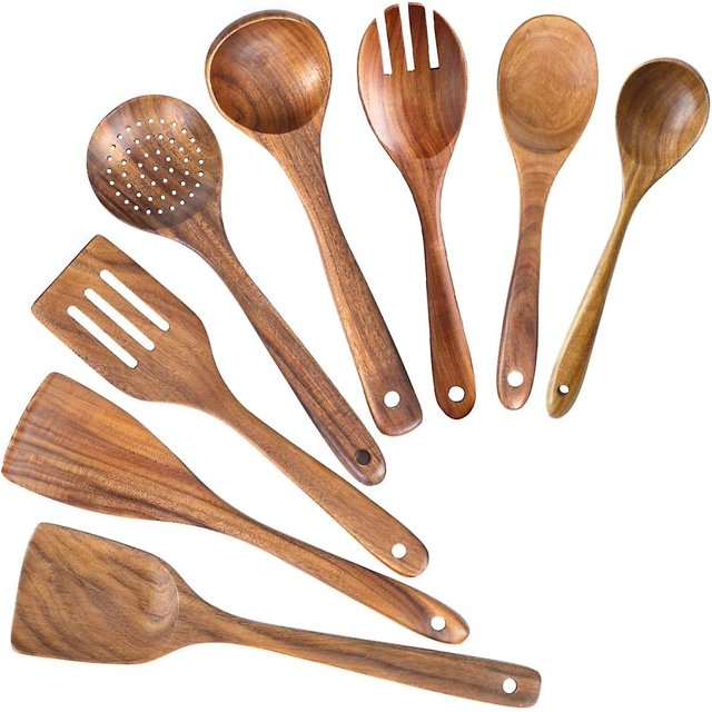 Cucharas de madera para cocinar, juego de utensilios de cocina antiadherentes, cucharas de madera, juego de utensilios de cocina, utensilios de madera de teca natural que no se ray