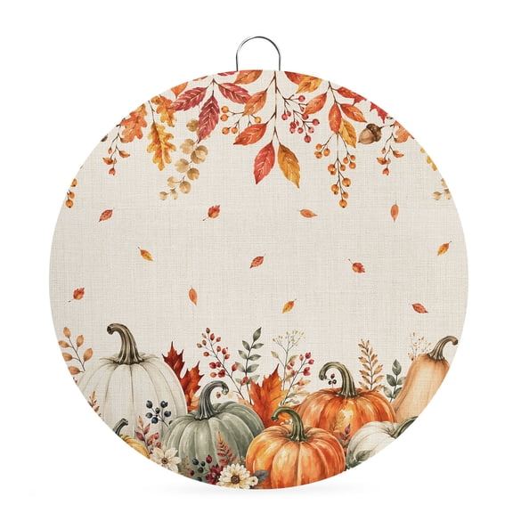 Welcome Sign for Front Door, Orange Pumpkins Fall Round Metal Wall Art Wreaths, Thanksgiving Flowers Leaves Rustic Outdoor Indoor Wall Hanging Sign for Porch Decor Housewarming Gifts 7.9 Inch