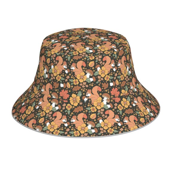 KLL Squirrel Mushroom Yellow Flower Bucket Hat for Women Men Packable Travel Beach Sun Hat Outdoor Rave Accessories Reflective Fisherman Cap