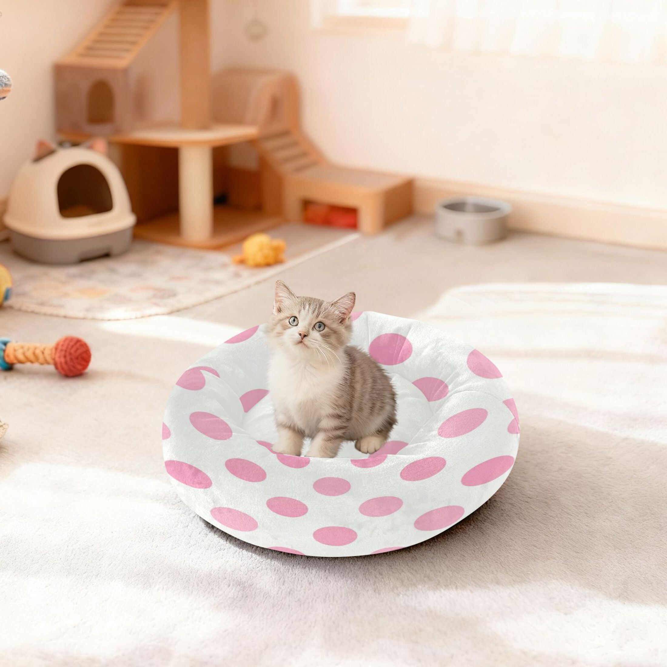 Iauyy Pet Couch Donut Cat Bed for Indoor Cats/Small Dogs Washable & Machine with Non-slip Bottom Calming Cat Furniture, Elegance Of The Polka Dots (S)
