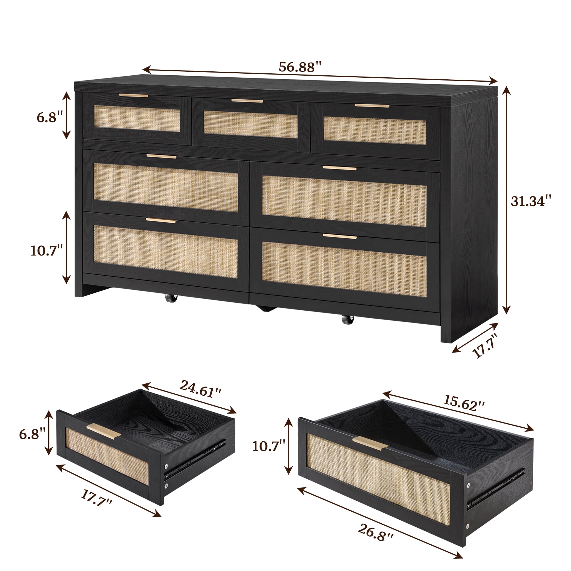 SICOTAS 56.88" Wide 7 Drawer Tall Dressers, Boho Dresser with Oversized Storage Space Rattan Dressers & Chests of Drawer Engineered Wooden Dressers for Bedroom,Black Oak