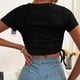 thumbnail image 2 of Camiseta Corta Delgada Para Mujer, Color Puro, Camiseta De Manga Corta Para Mujer, Cordón Lateral Fruncido, Cuello Redondo Elegante Para Fiestas Cergrey Negro M, 2 of 6