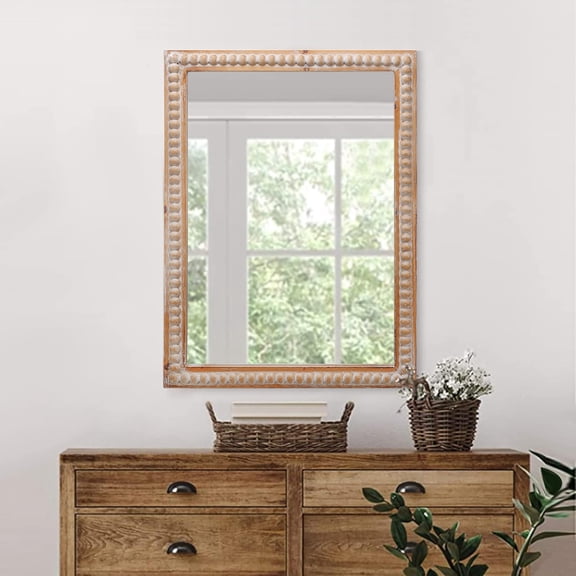 GDF Studio 22" Wooden Bathroom Wall-Mounted Mirror, Beaded Farmhouse Rectangle Vanity Mirror, Entryway, Natural