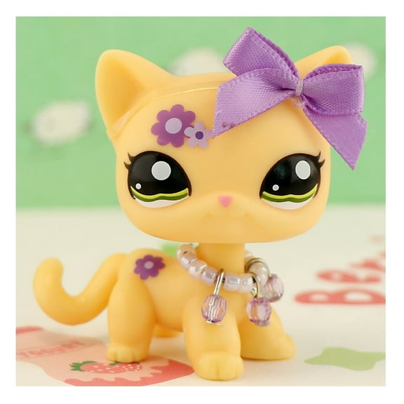 Little Pet lps Short Hair Cat #1962 Purple Flower Print with Purple Bow Necklace Accessories Kitten Kitty