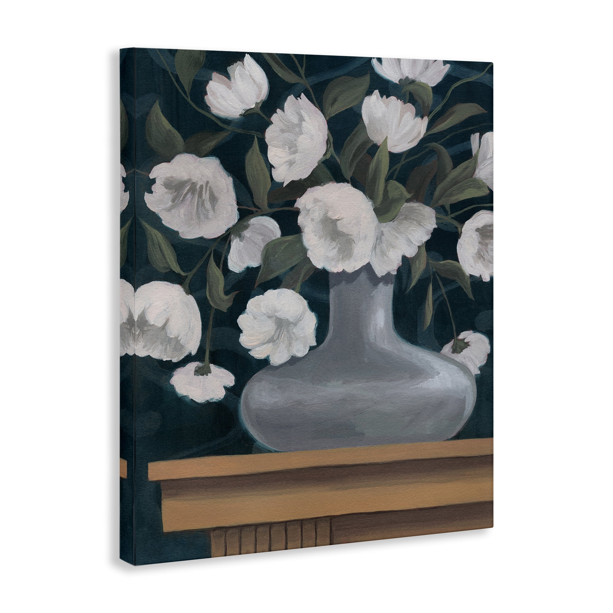 Stupell Industries White Flowers in Round Vase Plants & Flowers Painting Wrapped Canvas Art Print Wall Art, 16 x 20