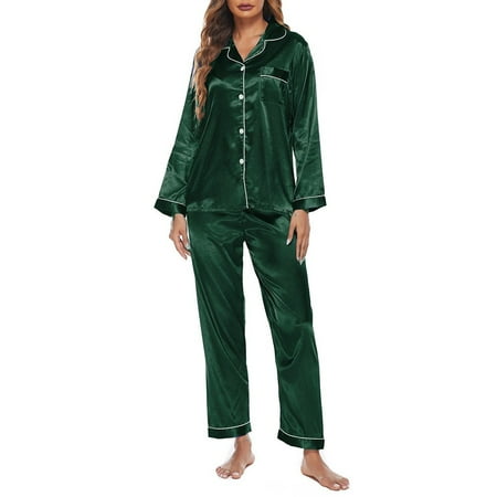 

Womens Satin Pajamas Set Long Sleeve Loungewear Two-Piece Sleepwear Pj Set