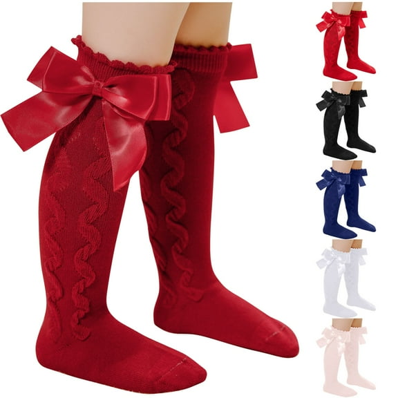 THDHVS Girls Socks Soft Tights Solid Color with Delicate Bow and Eyelet Lace Breathable Socks for Dance Practice and Keep Feet Dry Daily Pink