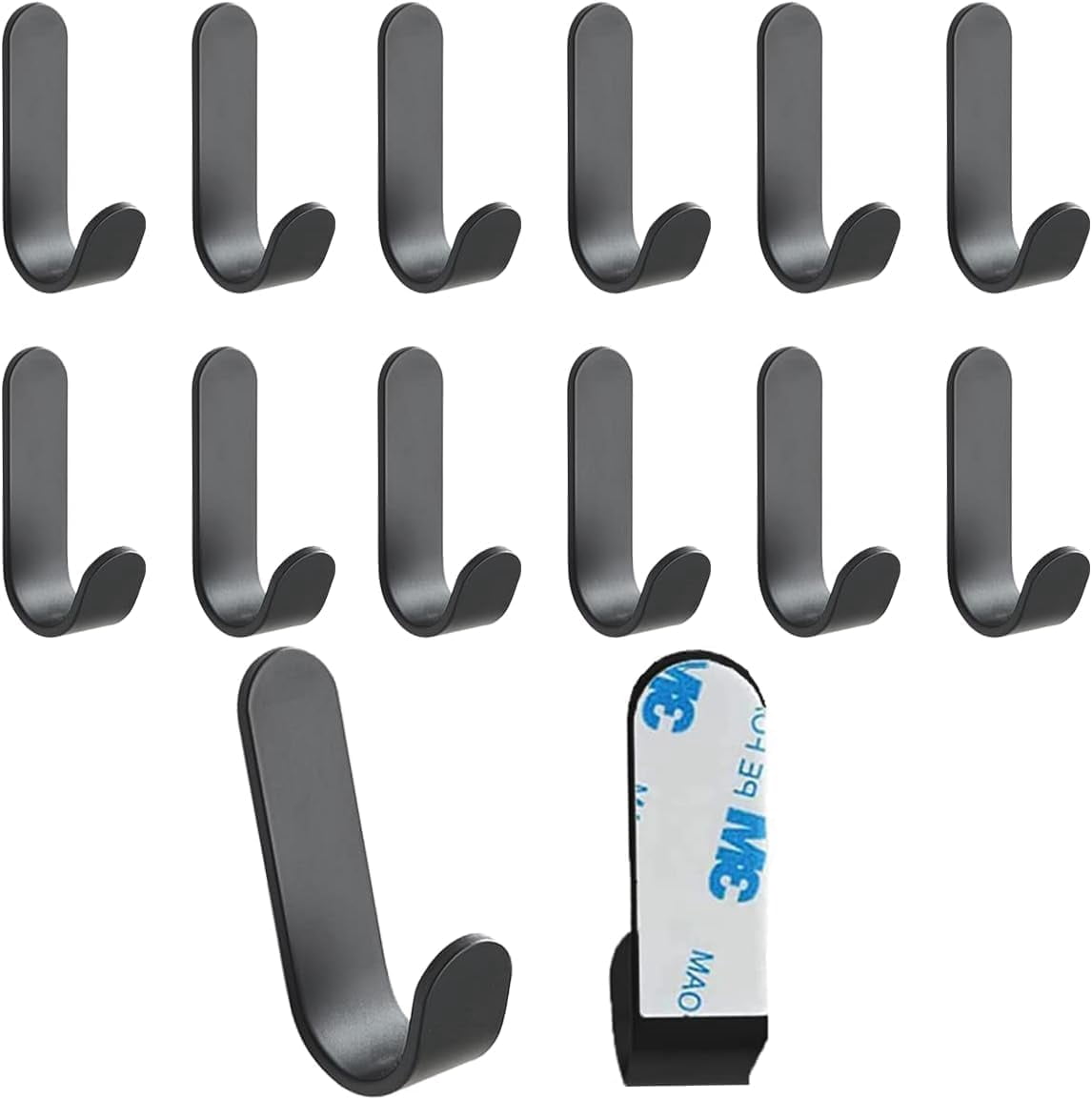 RGHJAR-Adhesive Hooks,12 Pcs, Heavy Duty Hold 12Lbs, Stainless Steel Black Wall Hanger, Adhesive Hanger for Hanging, Metal Sticky J Strip Hooks, for Hat, Coat, Picture, Backpack, Garage