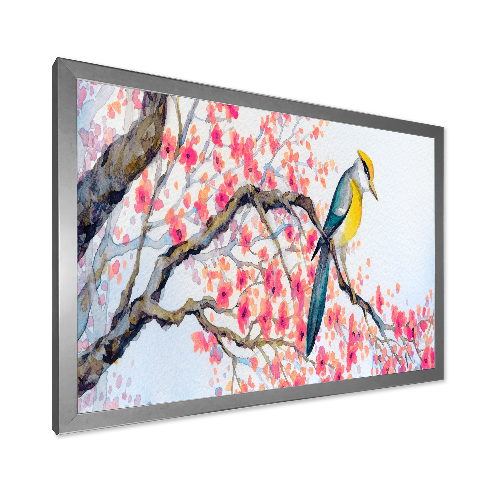 Beautiful Pink Bird Sitting On Flowering Branch I 40 in x 30 in Framed Painting Canvas Art Print, by Designart