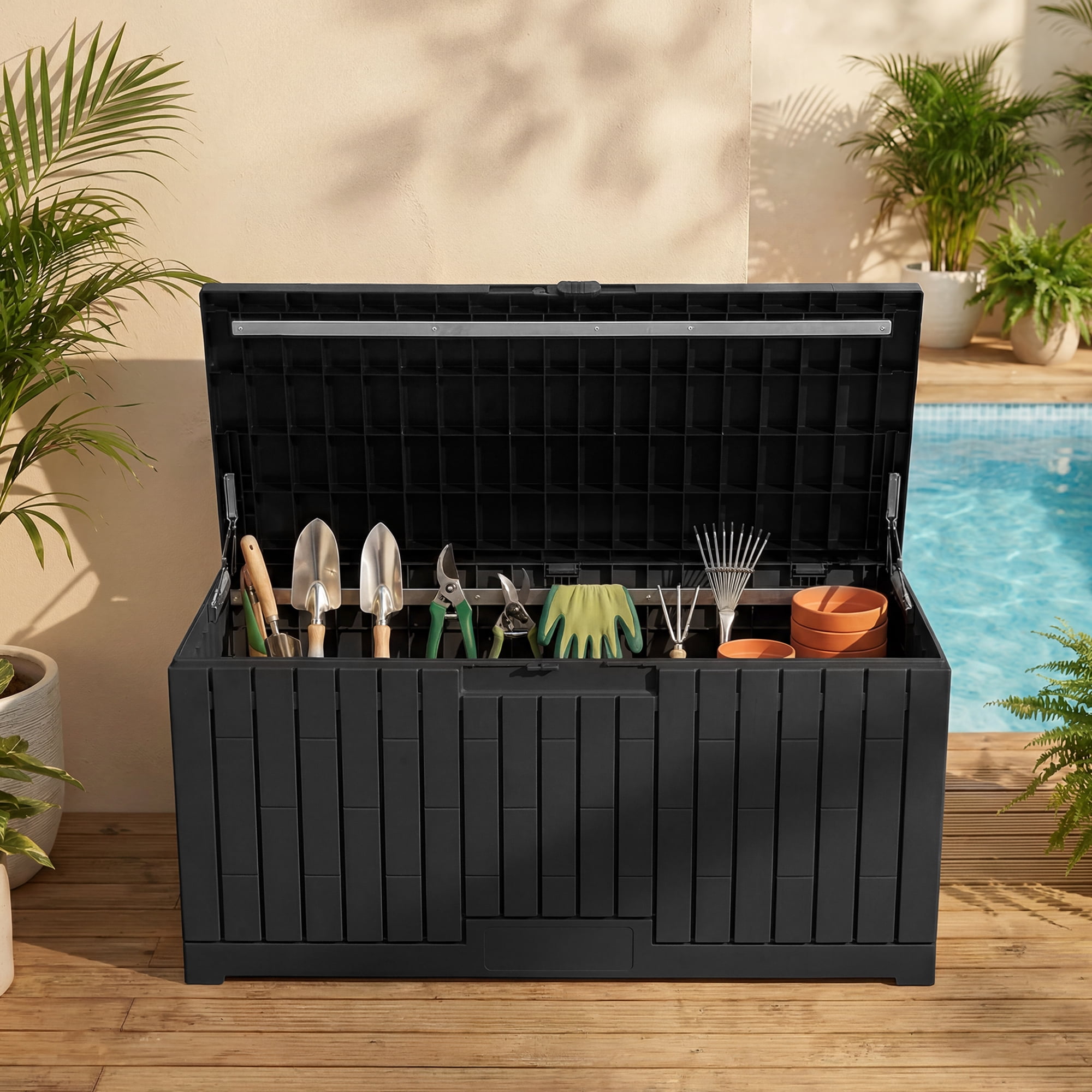 Dextrus Outdoor Waterproof 120 Gallon Resin Deck Box, Black & Brown