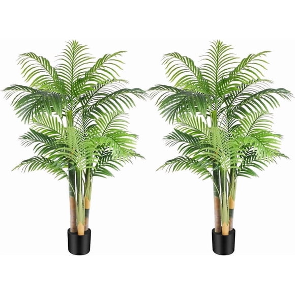 QinaQin Triple Golden Cane Palm 4Ft Tall Artificial Tropical Palm Tree. UV Resistant Fake Plant in Pot for Indoor/Outdoor Use Big House Living Room Patio Office Home Decor (Set of 2)