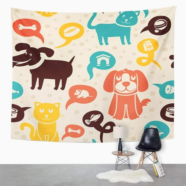 XDDJA Yellow Pet Cartoon with Funny Cats and Dogs Blue Cute