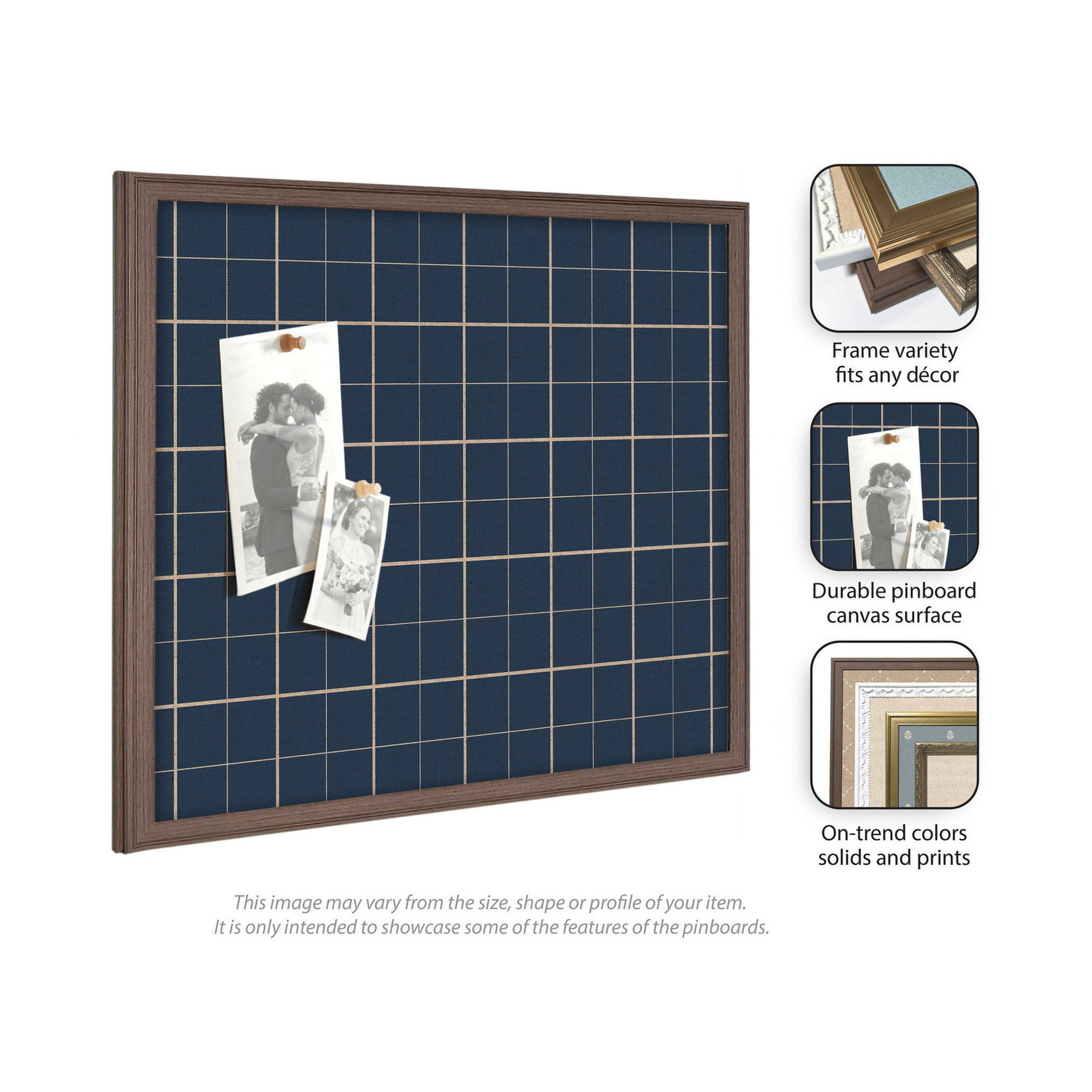 Kate and Laurel Framed Fabric Pinboard 26 x 20, Navy Blue Plaid Printed Linen Classic Bulletin Board for Use as a Vision Board or Wall Organization, Florence Light Brown Frame
