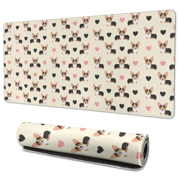 35.4x15.7 Inch Gaming Mouse Pad, Non-Slip Stitched Rubber Desk Mat for Desktop & Laptop,Corgi Heart Multi Beige Pattern