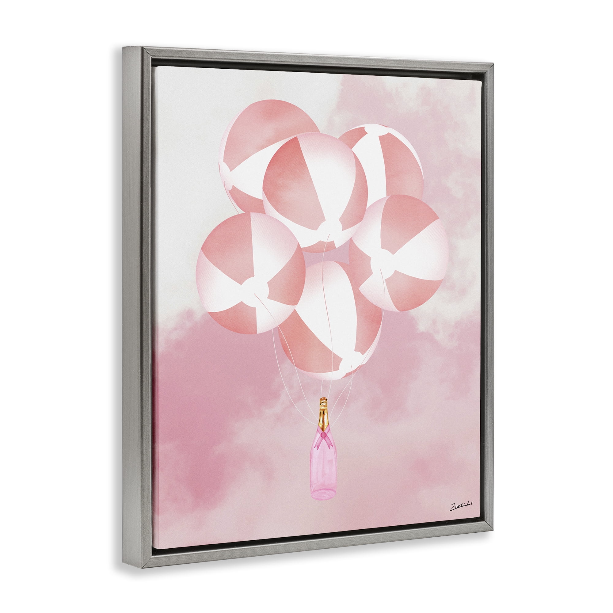 Stupell Industries Beach Ball Balloons & Champagne Food & Beverage Painting Gray Floater Framed Canvas Art Print Wall Art, 25 x 31