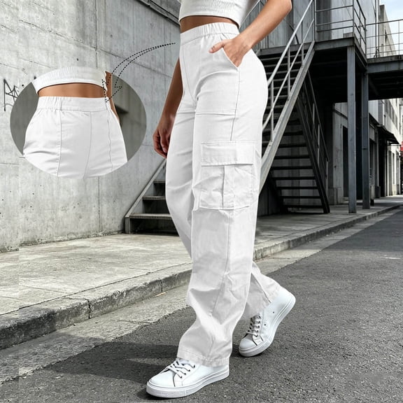 Cagogo Women's Cargo Pants with Pockets Elastic Waist Loose Streetwear Casual Long Trousers for Work Travel Hiking Outdoor Daily Wear, White 2XL