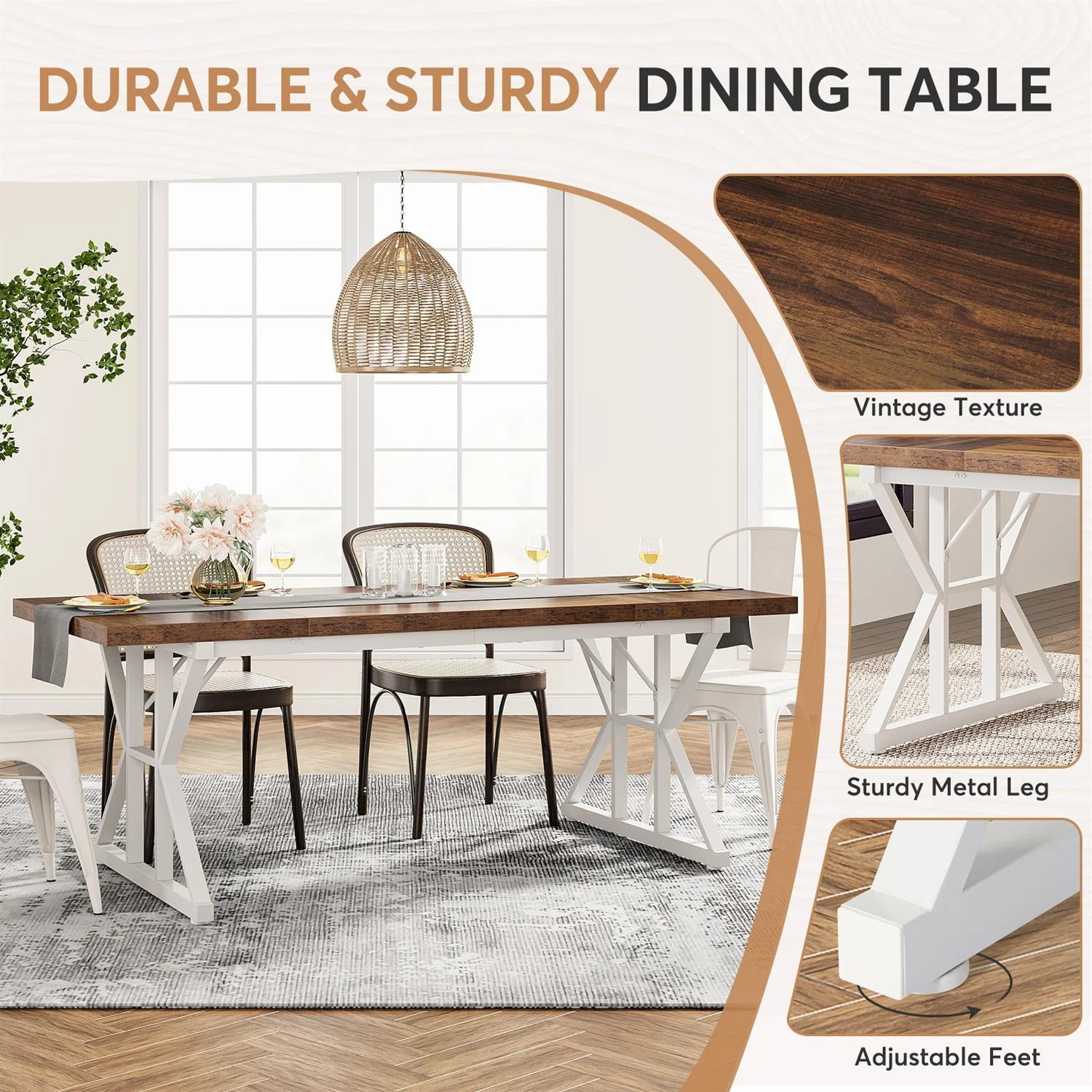 Demi Bonn 71" Farmhouse Dining Table, Wood Rustic Kitchen Table for 6 People, Large Rectangular Dinner Table for Dining Room, Home Office, Living Room Furniture, Brown & White